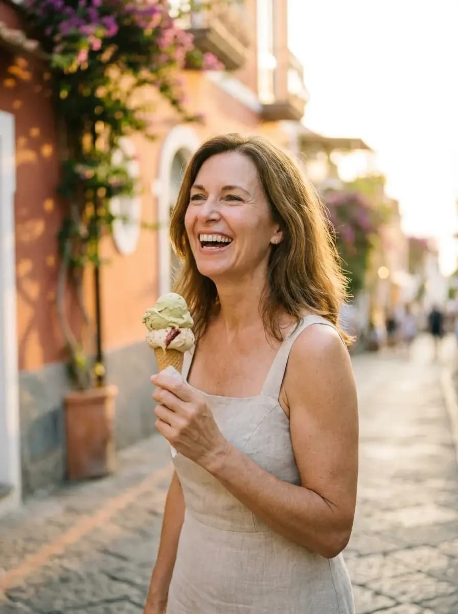 Mulher sorrindo enquanto toma um gelato em uma rua ensolarada na Itália